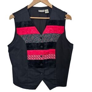 Vintage Velvet Vest Womens Large 90s Black Floral Patchwork Glam Retro Cottage